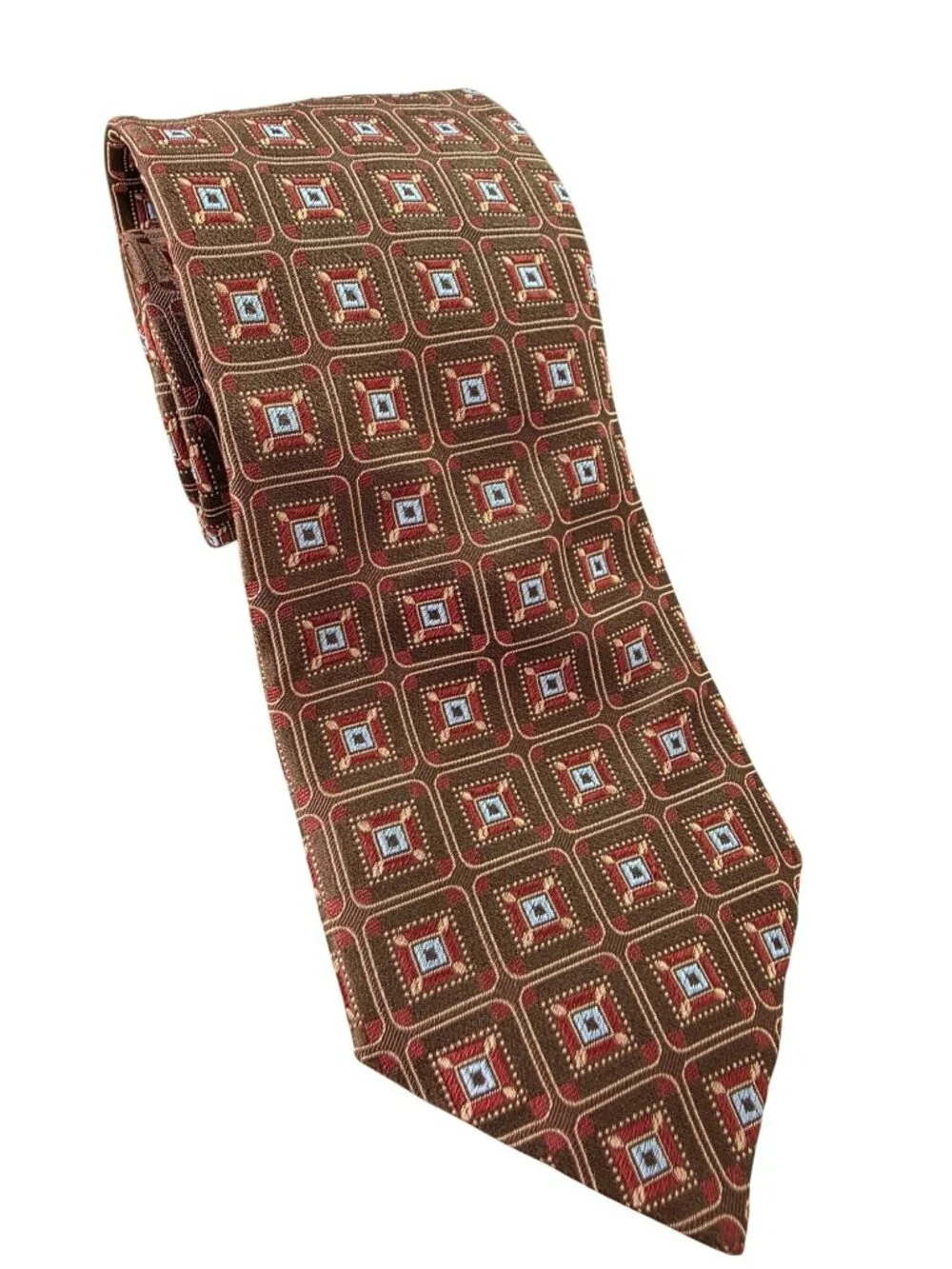 Y2K Hugo Boss Italy Silk Tie Copper Brown Geometric Jacquard Brocade 3.25x60